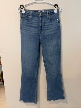 PAIGE Claudine Darling Wash High-Rise Raw-Hem Flare Ankle Jeans EUC
